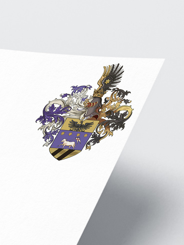 Ein detailliertes Familienwappen mit Schild, Adler, Pferd, Sternen und verschnörkelten Zierelementen auf weißem Papier.