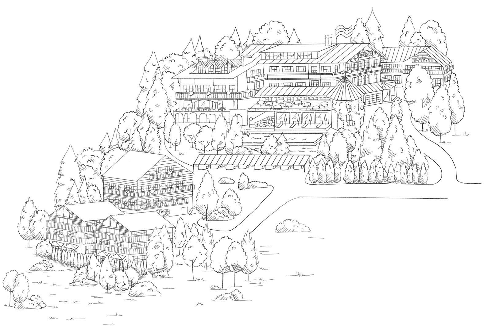 Line drawing of a large building complex with several buildings, trees and scenic surroundings.