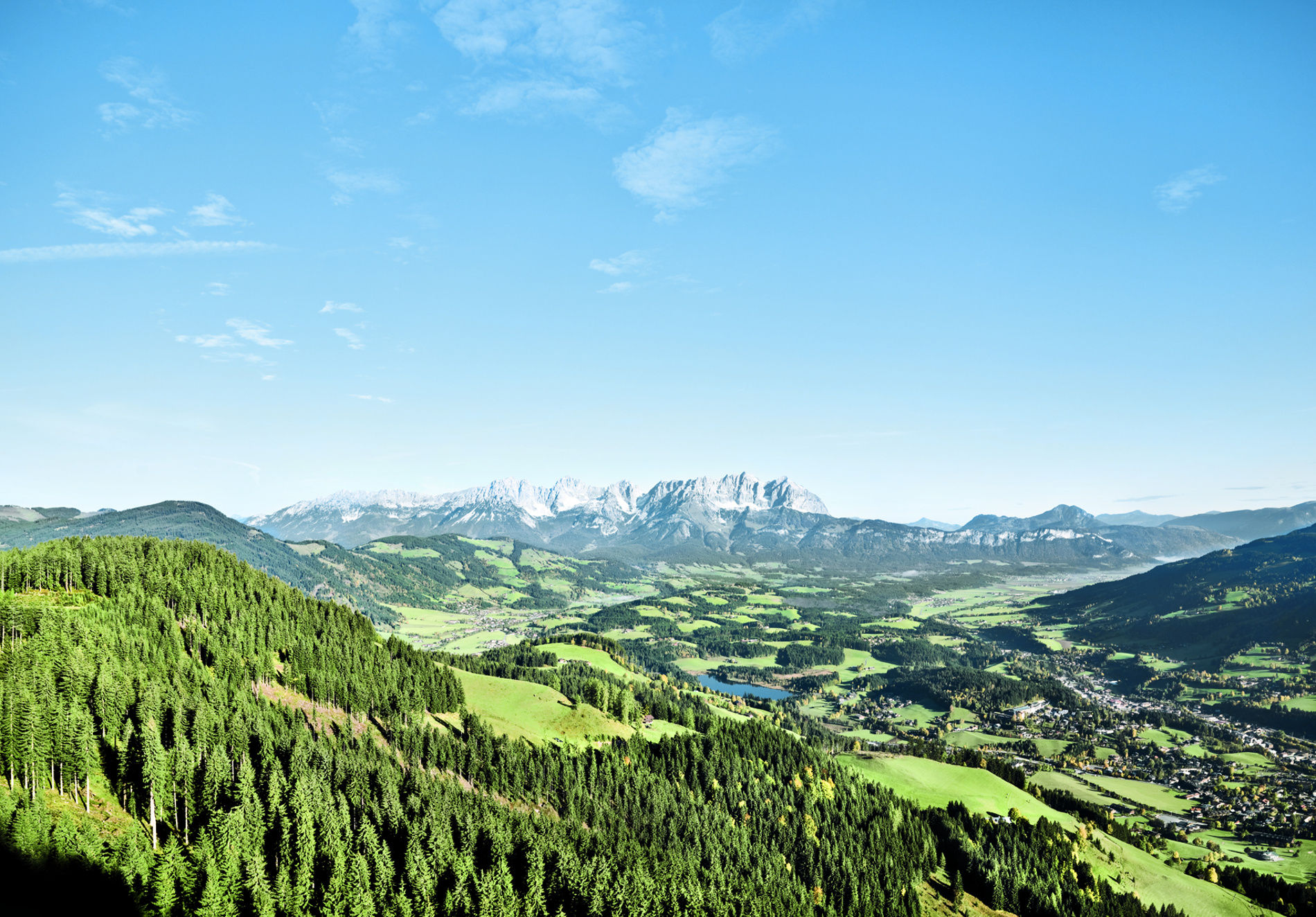 Ein üppig grünes Tal mit Wäldern und fernen Bergen unter einem klaren blauen Himmel.