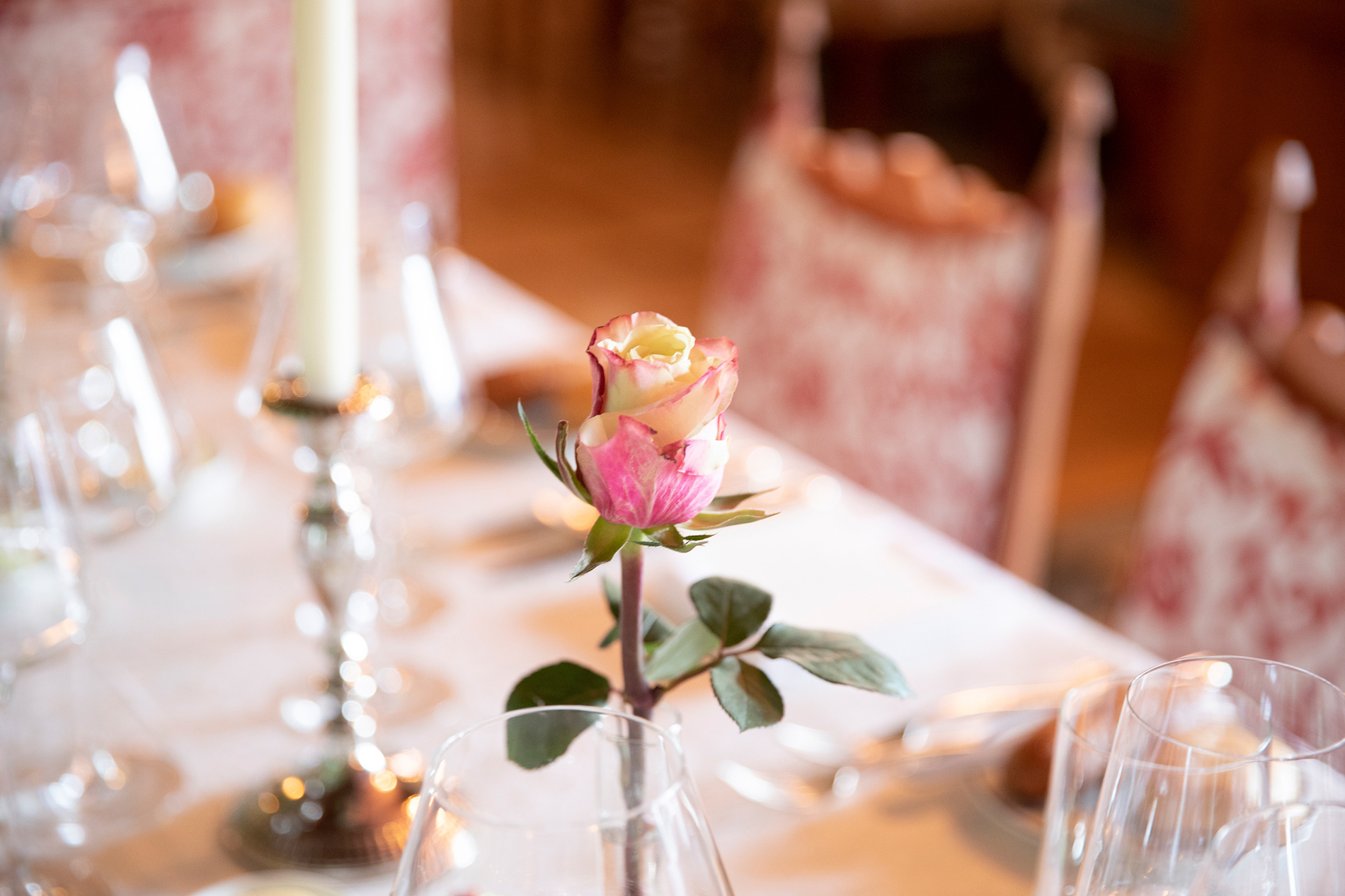 A pink and white rose in a vase on an elegantly laid dining table with glasses and silver cutlery.